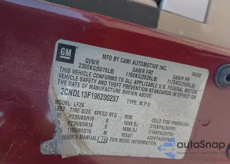 2009 Chevrolet Equinox Ls из США, поврежденный, VIN 2CNDL13F196200237